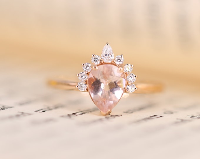 18k Rose Gold Ntural Morganite Engagement ring with diamonds/Top quality Champagne Morganite ring/Antique Vintage Art Deco/Handmade bridal
