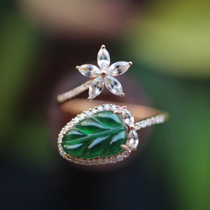 Handmade 18k Rose Gold Jadeite Leaf Ring: Diamond & White Sapphire Engagement Ring