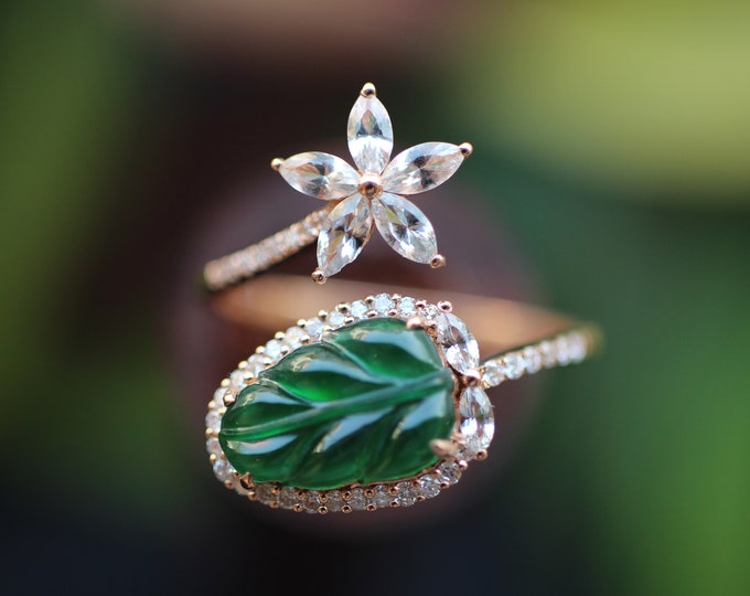 18k Solid Rose Gold Leave shape Natural Myanmar Green Jadeite Ring with Diamonds and White Sapphire/One of a Kind  Handmade Engagement ring