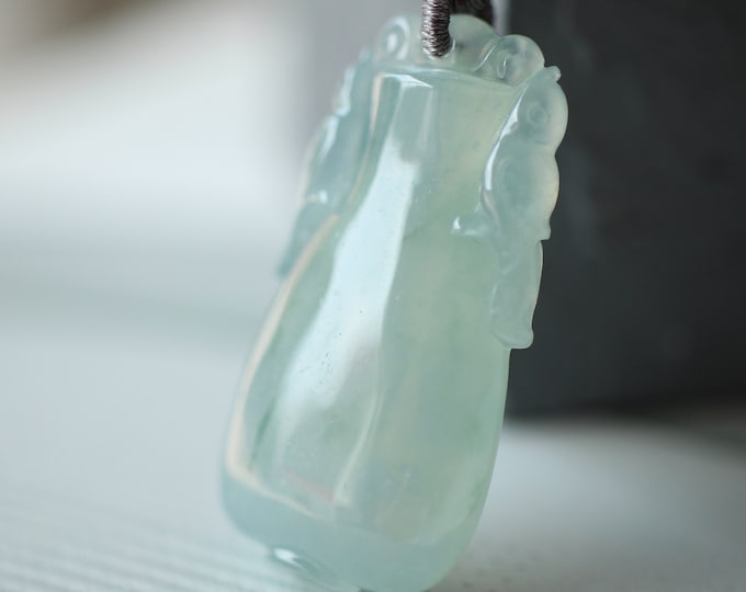 Unique Carved Natural Myanmar Icy Green Jadeite Jade Pendant with Hand knitting Rope/One of a kind Jade Capochon/Egyptian Jewelry/Real Jade