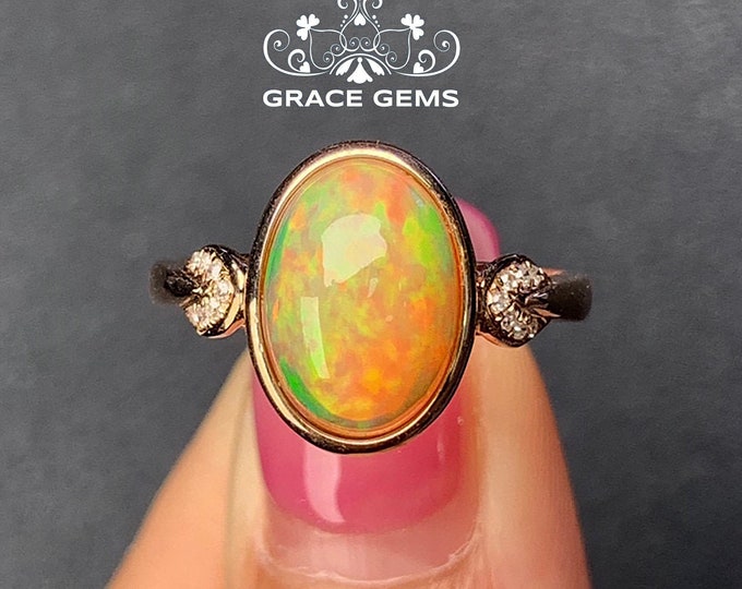 Genuine Ethiopian Boulder Opal Engagement or wedding Ring in 18k/14k Gold with Diamonds/Unique Gift for Her Birthday Anniversary Vallentines