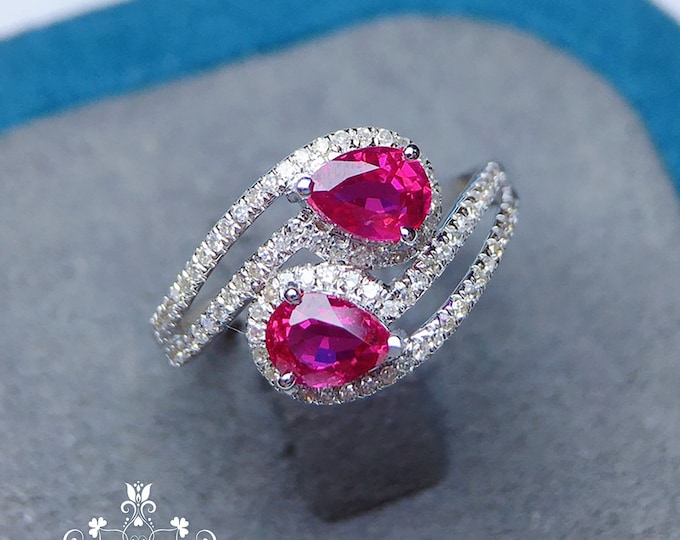18k double ruby engagement ring/Natural ruby ring Vintage ring/bridal ruby ring/twin sister ring/Halo diamond ruby ring/ruby gold ring