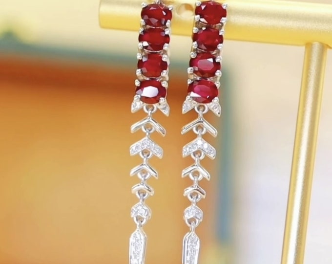 Luxurious natural Ruby earrings in 18k white gold/Diamond ruby dangle earrings/Unique ruby earrings gift for her/Ruby earrings gift women