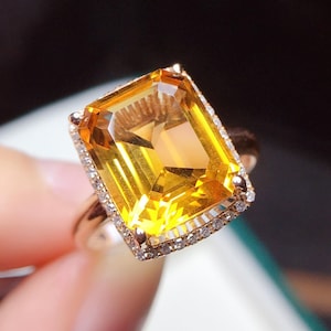 18k rose gold natural Citrine ring/Emerald cut citrine ring/August Birthstone ring/Boho citrine ring/Gold diamond halo citrine ring/Handmade