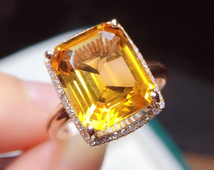 18k rose gold natural Citrine ring/Emerald cut citrine ring/August Birthstone ring/Boho citrine ring/Gold diamond halo citrine ring/Handmade