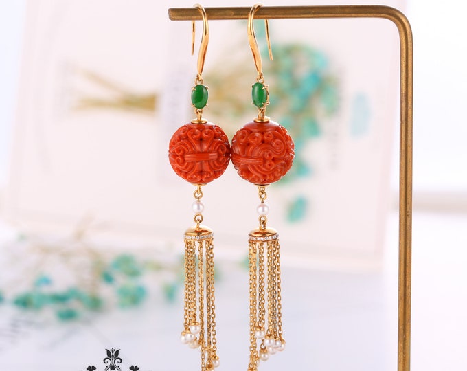 Complicated Hand Carving Flower Red Agate Aesthetic earring in 18k solid gold & diamonds/ Unique Agate anniversary gift/Pigeon Blood Red