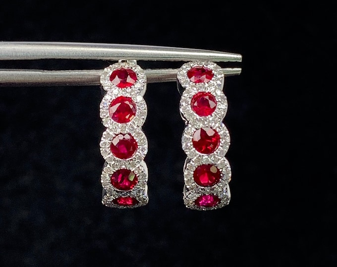 Cluster Natural Pigeon Blood Red Ruby Studs in 18k/14k white gold with diamonds/Mozambique Ruby Victorian Gothic earrings/One of a kind gift