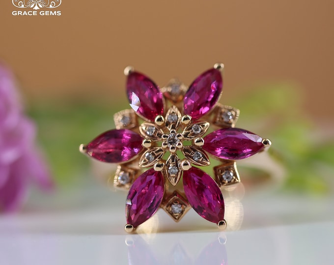 18k rose gold natural ruby ring with diamonds/flowery shape unique designer promise ruby ring/handmade birthday anniversary ring/Mom's gift