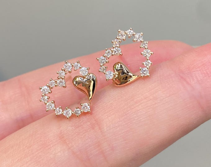 18k Gold Diamond Heart Stud Earrings, Anniversary Gift