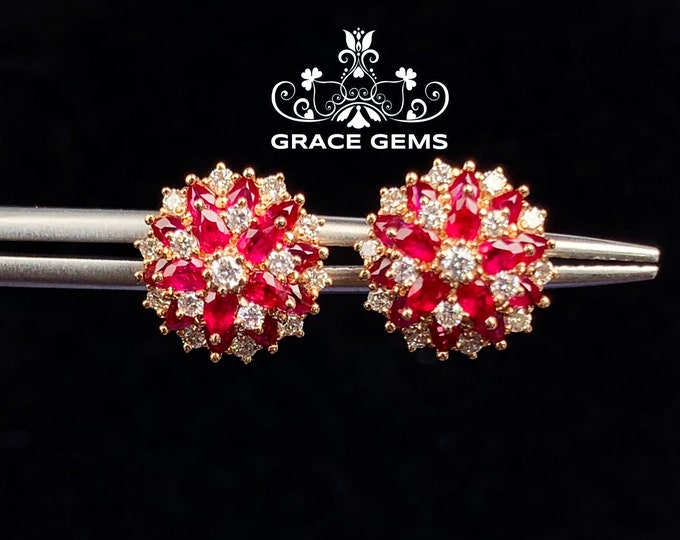Flower Ball natural star ruby studs in 18k/14k rose gold with diamonds/Bohemian Indian Gem/Raw Ruby Solitaire/Victorian Gothic Ruby earrings