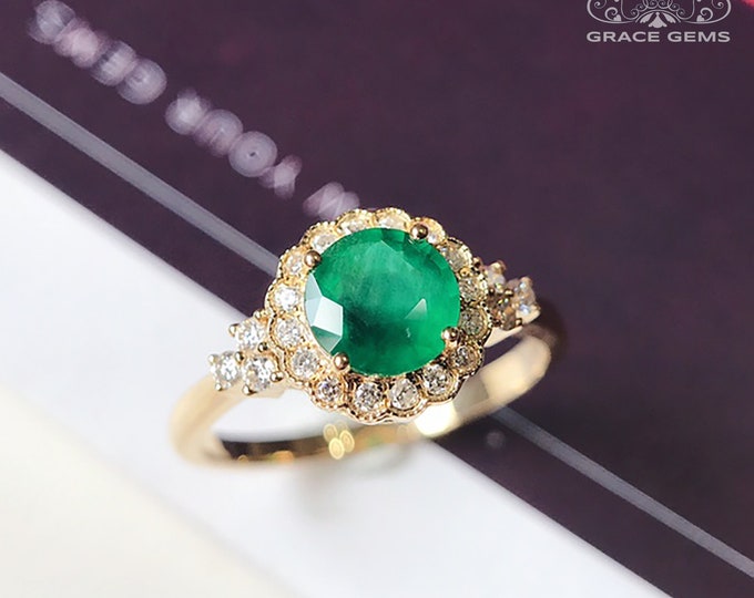 Luxurious Natural Certified Columbian 0.75CT Emerald Engagement Wedding Ring in 18k gold with diamonds/Vivid green Emerald/One of a Kind