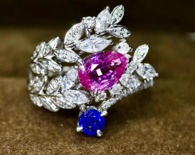 Unique two tone natural cornflower blue and pink sapphire ring in 18k solid white gold/art deco sapphire engagement ring/real gem jewelry