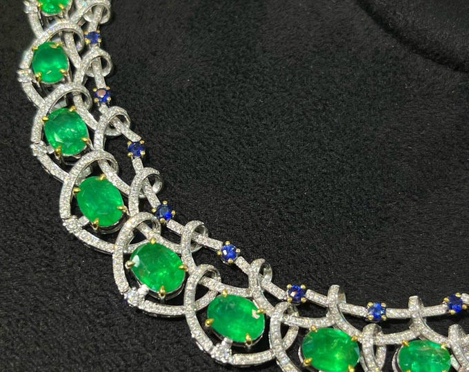 Luxury Natural Emerald Diamond Choker Necklace: Art Deco Handmade Choker/emerald luxury jewelry, Gift For her Fine Gold Emerald Necklace