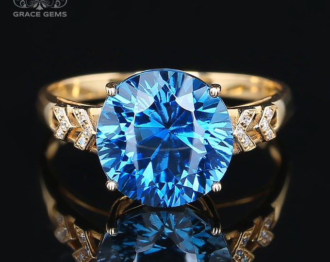 7CT Top quality Genuine London Blue Topaz ring IN 8k/14k gold/natural Topaz engagement wedding ring with diamonds/Customized band/Unique