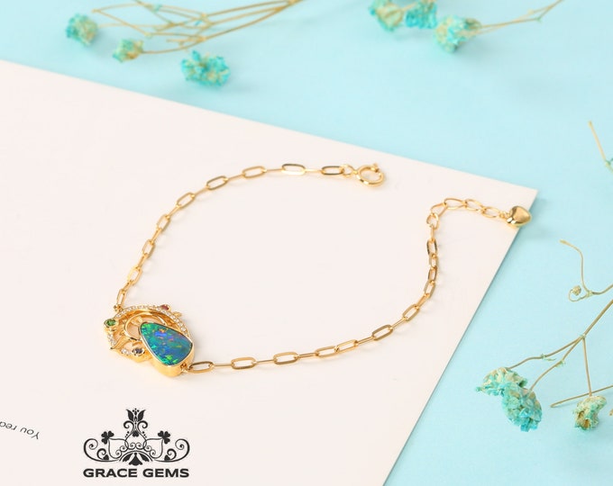 1.72CT Genuine Australian Opal Bracelet  in 18K Yellow Gold With Natural Diamonds Rubies and Sapphire/Unique Anniversary Gift/Wedding Set