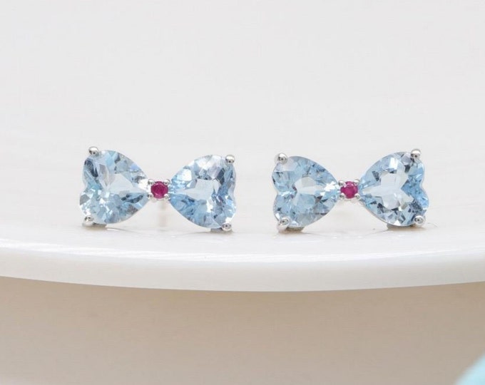 Heart aquamarine earring studs & ruby/18k white gold aquamarine studs/Double heart earrings/cool earrings/unique blue studs/bridesmaid studs