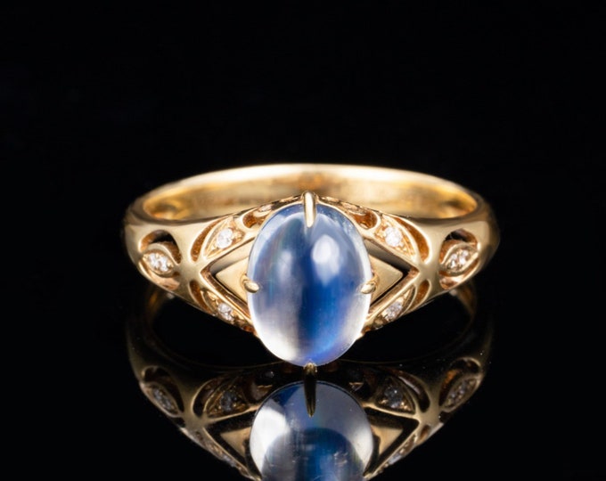 18k Solid Gold blue Moonstone Engagement Ring with diamonds/Art Deco moonstone ring/6X8mm Color changing Wedding gift/Unique Viking ring