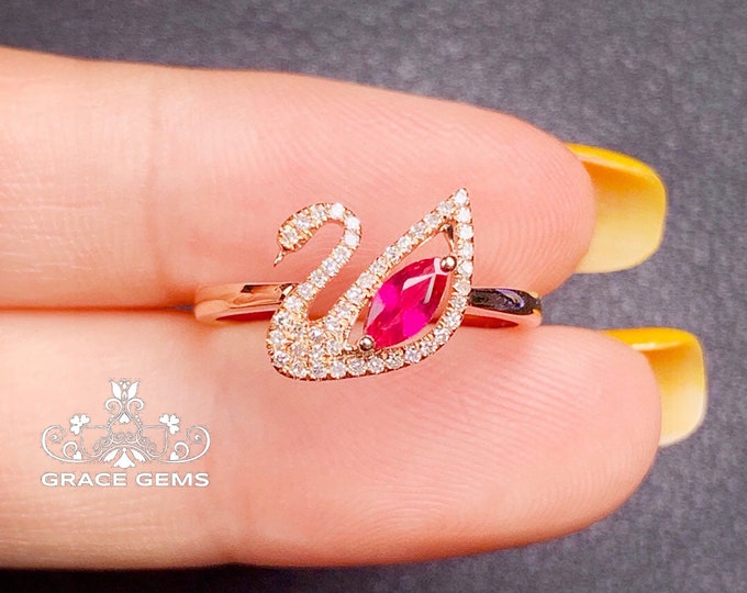 First 150USD down pay for a special customer-Cluster Swan Shape Genuine Untreated Ruby Ring in 18k rose Gold & Rube Eye/Opal Bird  Opal