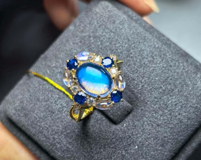 18k Yellow Gold  Moonstone Engagement Ring with sapphires and natural solid opals - unique blue moonstones with opals - handmade luxury