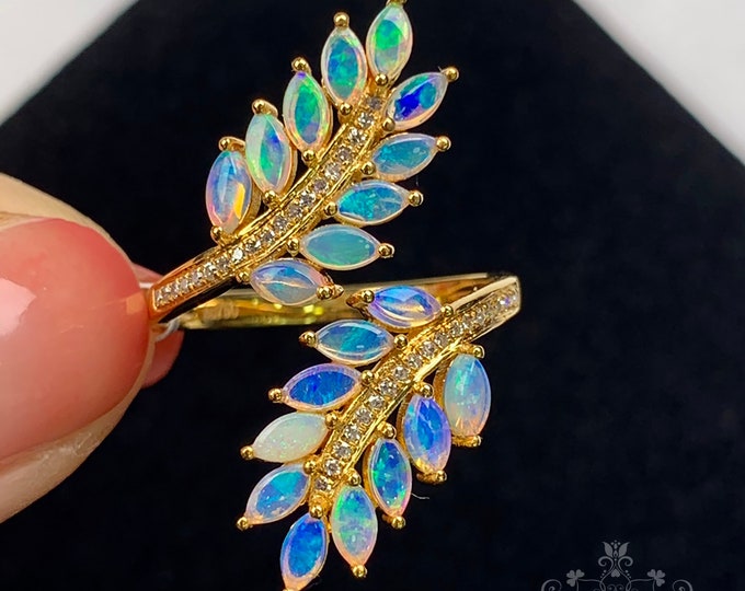 Double Twig Shape Multi-stone Genuine Marquise Australian Opal Ring in Solid 18k/14k Rose Gold with Diamond/Engagement Wedding/Mother's Day