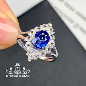 18k white gold cluster sapphire ring/Multi-stone natural sapphire Promise gift/Diamond halo handmade/Blue gemstone/Vintage Antique/Art Deco