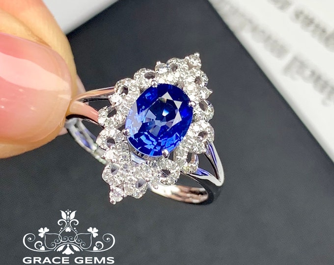 18k white gold cluster sapphire ring/Multi-stone natural sapphire Promise gift/Diamond halo handmade/Blue gemstone/Vintage Antique/Art Deco