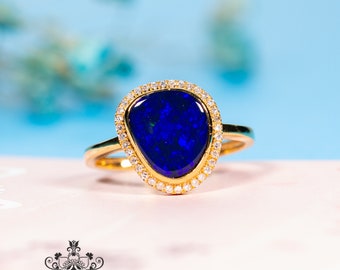 Unique Natural Australian Blue Opal Ring in Solid 18k/14k Yellow Gold&Diamond/Boulder Opal Engagement Wedding Band/Raw Opal/Mother&#39;s Day