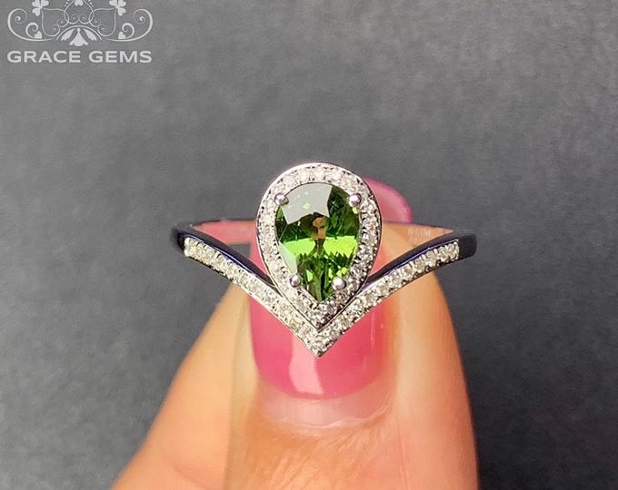 Minimalist 18k/14k white gold Rare Pear Green sapphire engagement ring with diamonds/Vintage Antique/Art Deco/Promise wedding ring/Celtic