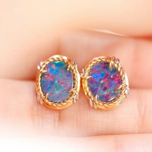 18k Solid Gold Real Australian Opal Earrings Studs/Blue Natural opal studs/Round opal earrings/Vintage Unique studs earrings gift for her we