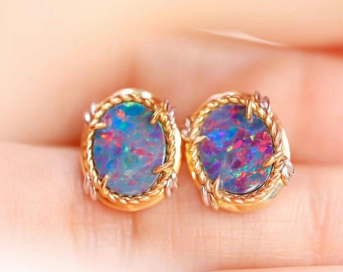 18k Solid Gold Real Australian Opal Earrings Studs/Blue Natural opal studs/Round opal earrings/Vintage Unique studs earrings gift for her we