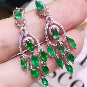 Unique natural emerald dangle earrings/cluster emerald earrings/luxury fancy real emerald jewelry for wedding/jewelry gift for anniversary