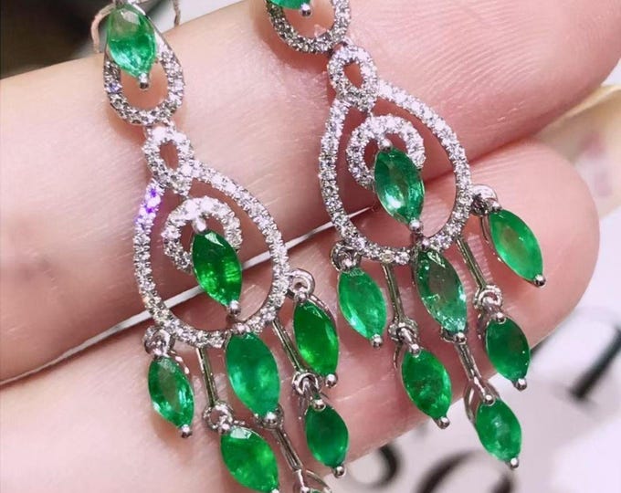 Unique natural emerald dangle earrings/cluster emerald earrings/luxury fancy real emerald jewelry for wedding/jewelry gift for anniversary