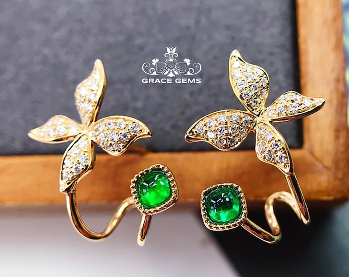 Unique 18k natural emerald studs/Boulder emerald studs with diamonds/Victorian Gothic earrings/handmade jewelry/Unique Birthday Anniversary