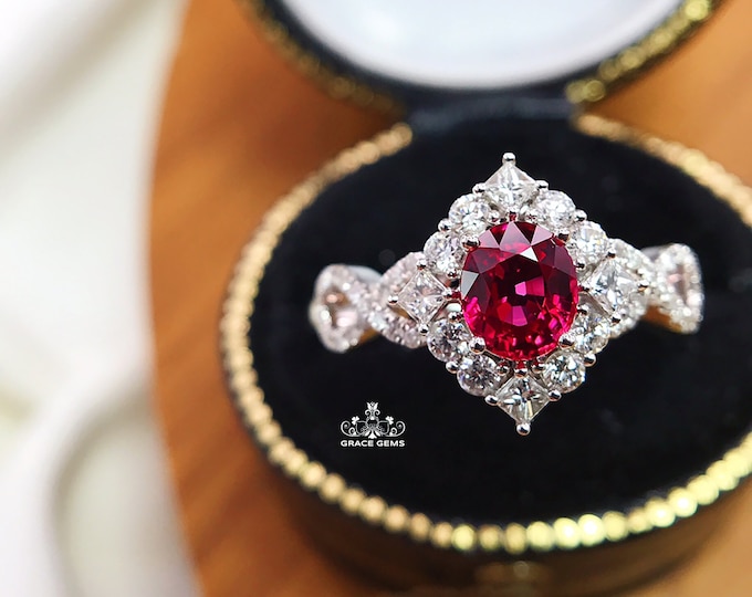 Halo 18k white gold natural Mozambique ruby/Unique classy wedding engagement ring with diamonds/Unique vintage gift for her/Celtic art deco