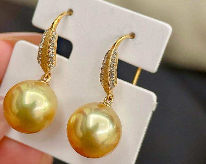 11mm South Sea Saltwater Golden Pearl Earrings-Nature-inspired gold pearls/ Handmade Anniversary Pearl Jewelry/unique trendy fashion pearls