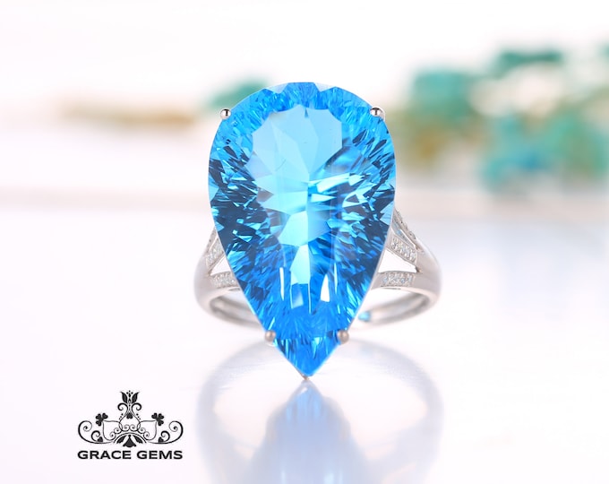 Heart Shape huge natural Topaz engagement wedding ring in 18k/14k solid gold with diamonds/Customized band/Art Deco/March birthstone/Unique