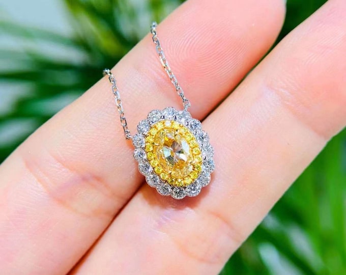 High end 18k white gold natural yellow diamond necklace/Real Natural yellow diamond pendant/Quality diamond halo pendant/yellow diamond gift