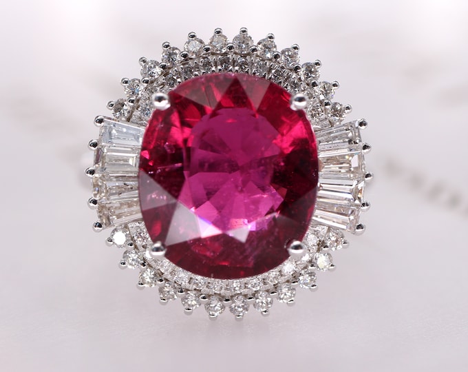 Luxurious Quality 18k white gold Natural Pink Tourmaline Ring with diamonds/Engagement Wedding Handmade One of a kind/Art Deco fine jewelry