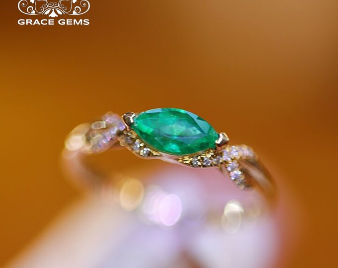 18k Solid Gold Marquise 0.48CT Genuine Emerald ring/Engagement Wedding Ring with diamonds/Vintage Unique Celtic custom gift/Delicate Dainty