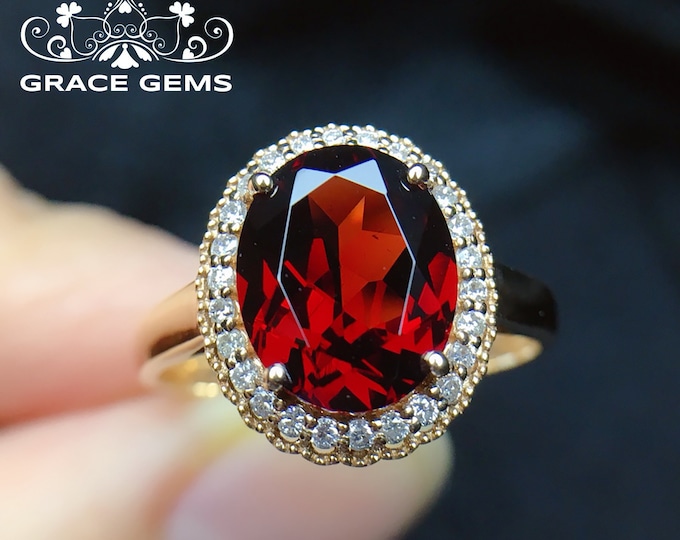 Genuunie Pigeon Blood Garnet Engagement ring in 14k/18k gold with Diamonds/Hodolite garnet ring,Garnet stacking ring/Antique garnet/Art Deco