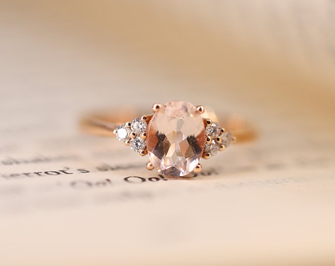 18k Rose Gold Twig Morganite Engagement ring with diamonds/Top quality Champagne Morganite ring/Antique Vintage Art Deco/Handmade bridal