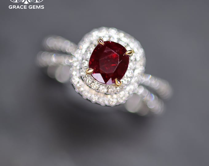 Luxurious 18K white  Gold Dark Red Ruby ring/1CT genuine untreated real ruby/double diamond Halo ruby ring/Vintage Handmade/Boho cocktail