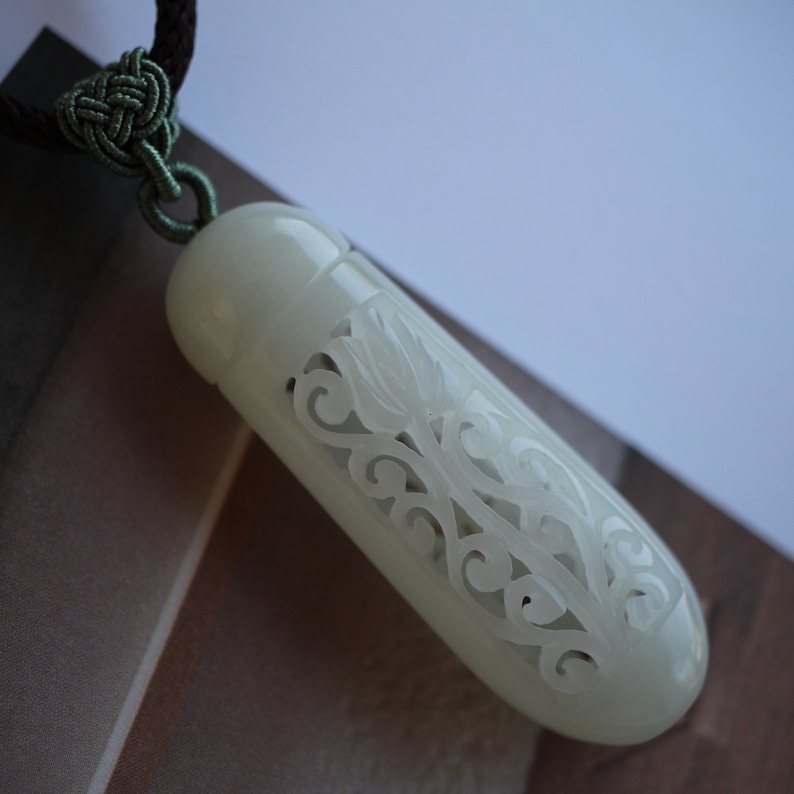 Natural white jade hollow-carved pendant Hand-carved jade pendant/White jade necklace/Unique carved jade diffuser/Vintage white jade pendant image 1