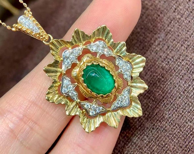 Natural oval green Emerald with diamond pendant necklace/Art deco statement vintage emerald jewelry necklace women