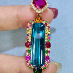 Luxurious natural teal tourmaline pendant/unique 18k rose gold diamond blue tourmaline tourmaline/High end tourmaline necklace jewelry women