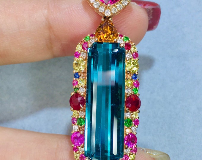 Luxurious natural teal tourmaline pendant/unique 18k rose gold diamond blue tourmaline tourmaline/High end tourmaline necklace jewelry women