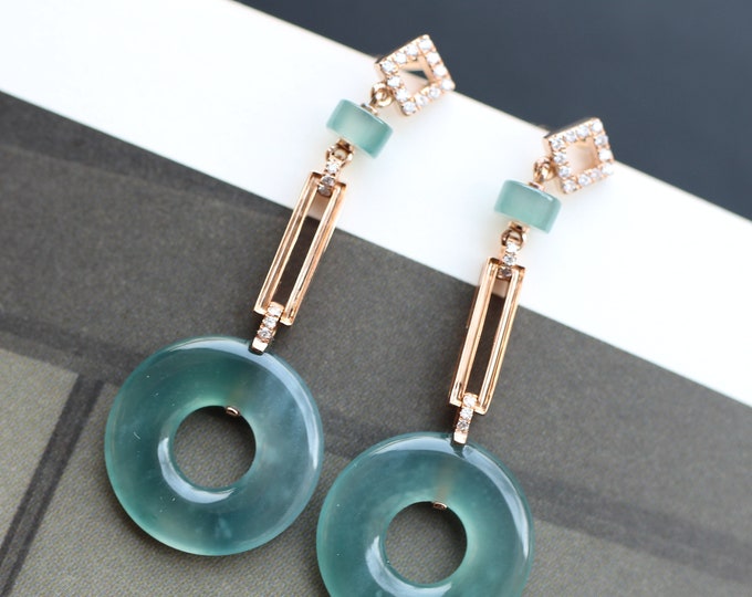 18k Rose Gold Natural Myanmar Green Icy Jadeite Jade Hoop Earrings/Hand Carved Jade studs Earrings/One of a kind gift for her/Jade Donuts