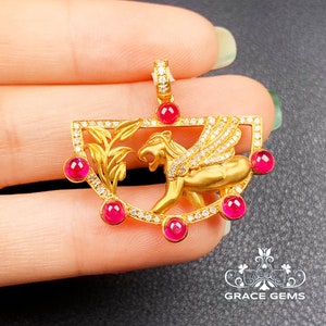 Lion Ruby Pendant: 18k Gold Diamond Ruby Necklace/bespoke jewelry,high end gift,everyday luxury,custom fine ruby pendant/certified ruby