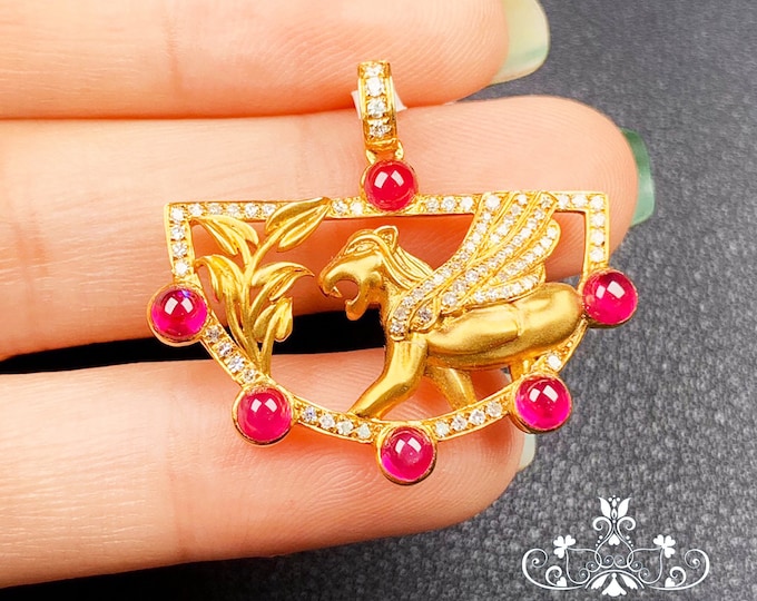 Unique Lion Shape Natural Ruby Pendant in 18k solid gold with diamonds/Personalized ruby necklace/New mum/Birthday Anniversary gift 4 her