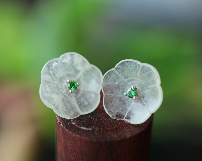 18k Rose Gold Myanmar Natural Icy Type Jadeite Studs/Ruby Flower Heart/Handmade Victorian Gothic Jade earrings/One of a kind gift for her